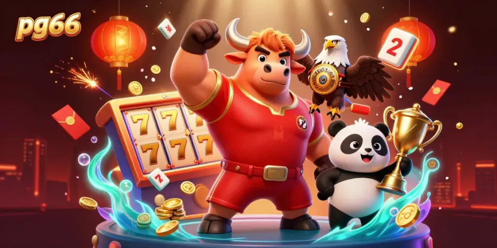 Feel the thrill of pg66 gaming with a bull mascot, eagle champion, and panda trophy in a vibrant casino scene.