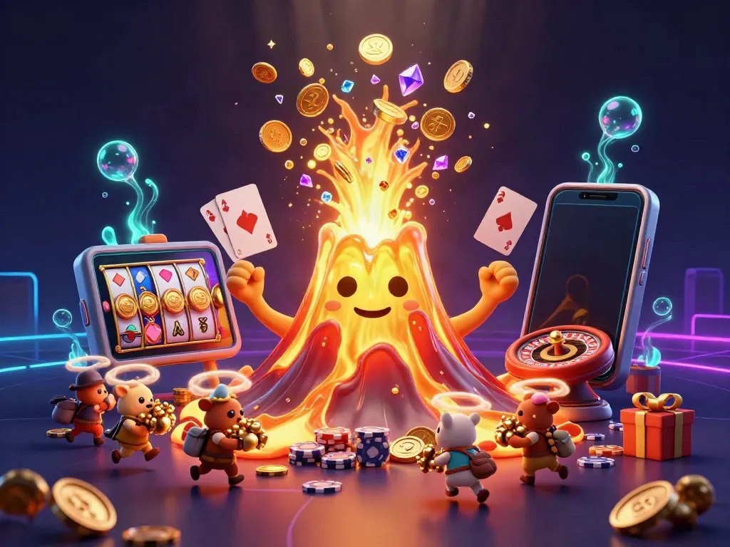 Experience explosive victory at s666vtv with a golden volcano showering coins and treasures from a vibrant slot game.