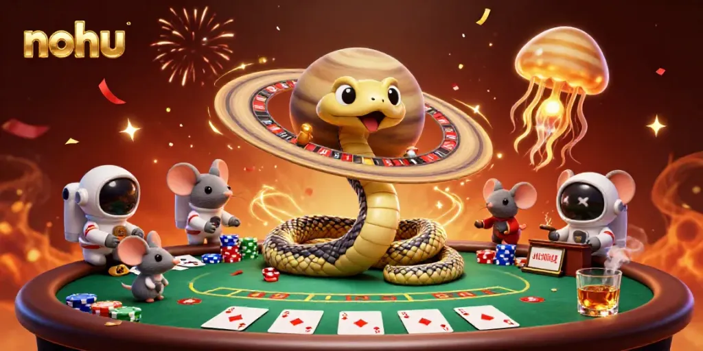 NoHu casino scene with a Saturn ring snake using its rings as a roulette wheel, where astronaut mice place bets