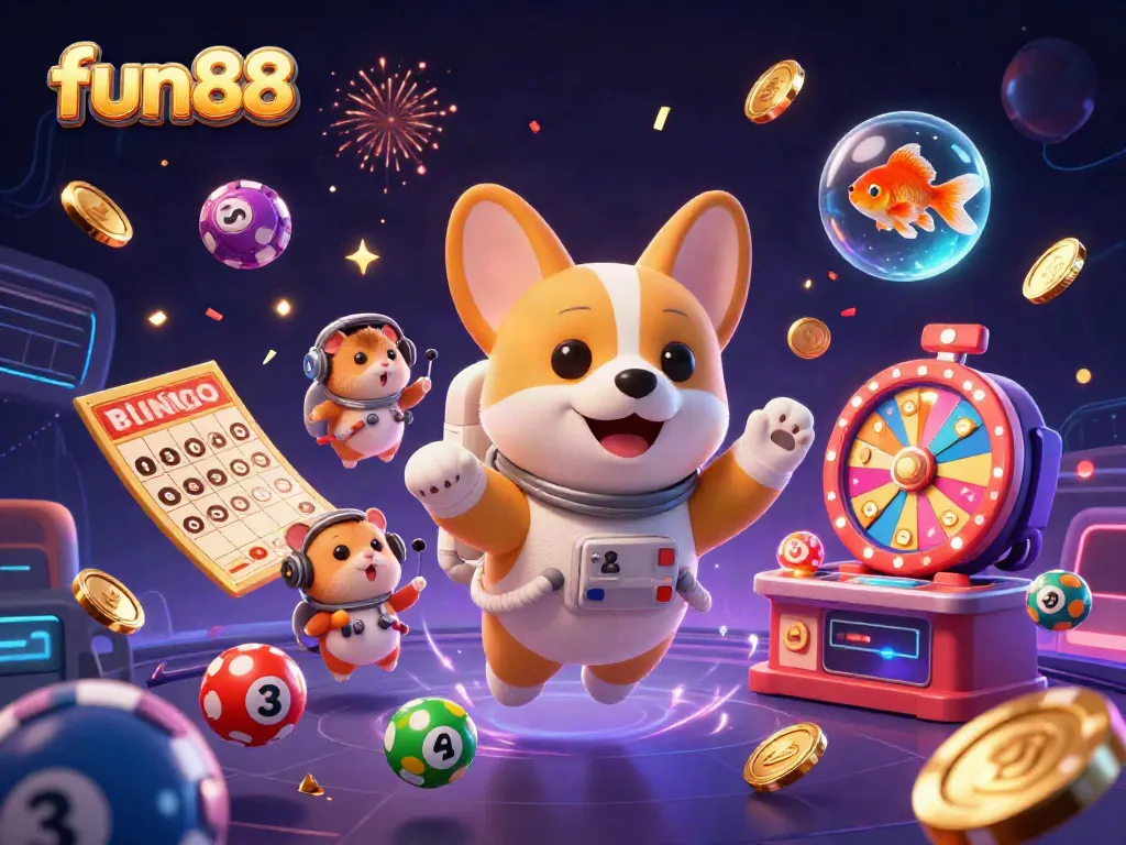 Experience thrilling fun88 gameplay with exciting floating characters and vibrant casino elements in a detailed cosmic scene.