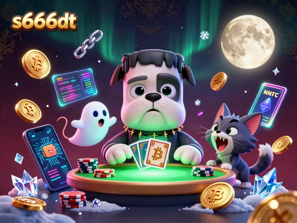 Play cards with the s666dt bulldog monster at a spooky green-lit casino table.