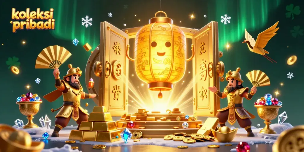 Koleksi pribadi showcases a vibrant 3D casino scene filled with golden treasures and mystical characters.