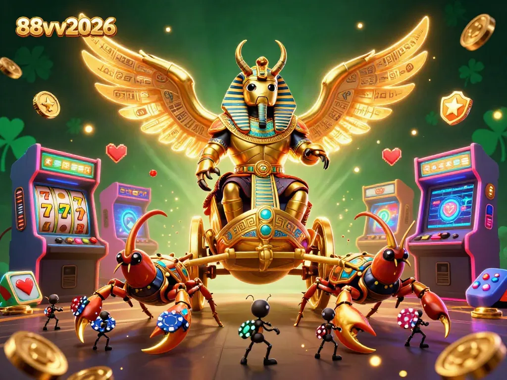 Engage with 88vv2026 as you explore a vibrant scene of gaming and good fortune with a golden scarab and scorpions.