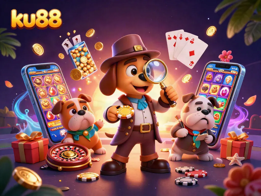 ku88 showcases an engaging 3D casino scene with vibrant games and characters, emphasizing excitement.