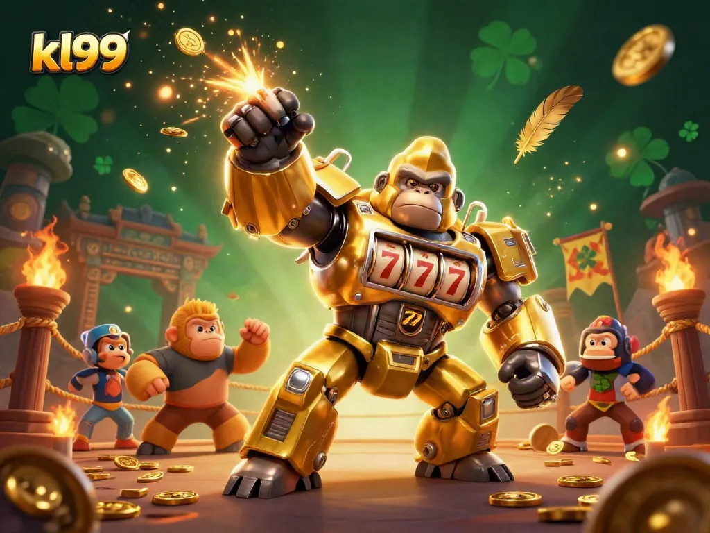 Experience excitement at kl99 with a captivating golden gorilla mech, showcasing thrilling casino elements.