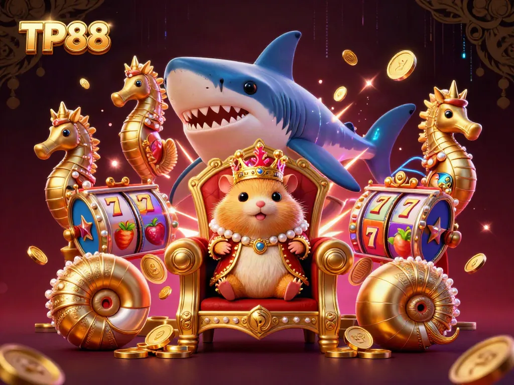 Experience the thrilling world of TP88 with an illustration of a tiny golden hamster king on a shark tooth throne surrounded by elements of online gambling.