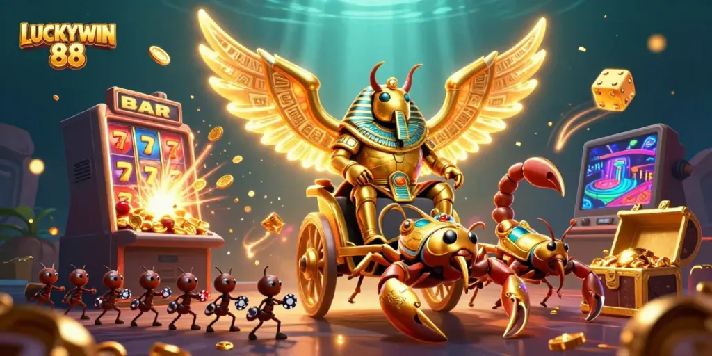 Experience the excitement of LUCKYWIN 88 with a vibrant 3D casino scene featuring dynamic game elements and characters.