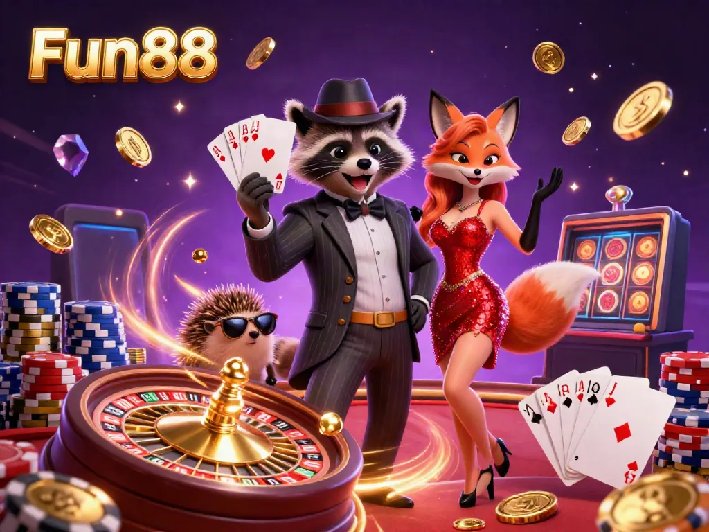Experience the thrill of Fun88 with an exciting 3D casino scene featuring animated characters, playing cards, and vibrant casino elements.