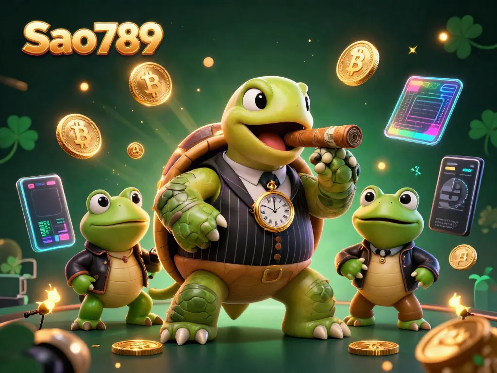 Sao789 casino scene with a turtle in a mobster suit, flanked by bullfrog enforcers and vibrant gaming elements.