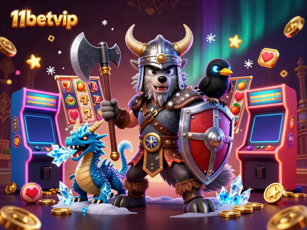 Engage in thrilling gameplay with 11betvip's vibrant 3D illustration of a Viking warrior, dragon, and engaging casino elements.