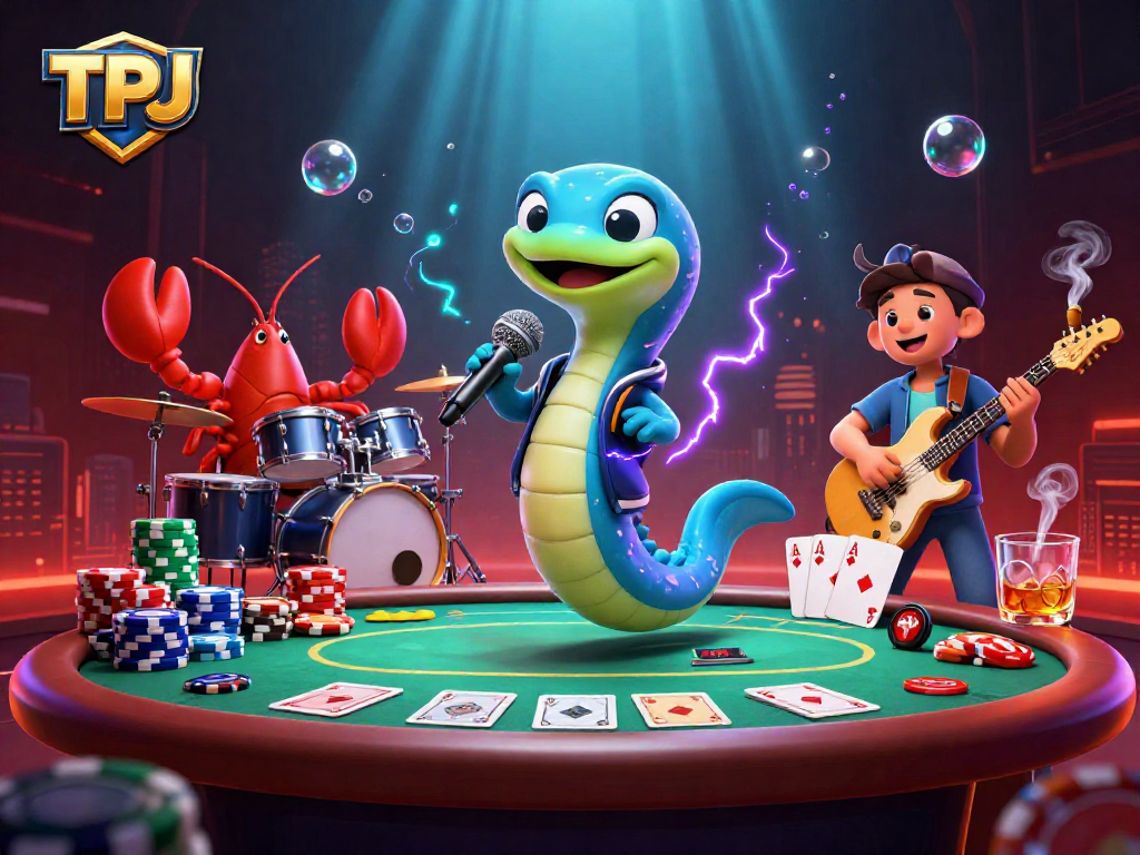 Engaging performance by TPJ's electric eel DJ amidst vibrant casino elements like poker tables and colorful chips.