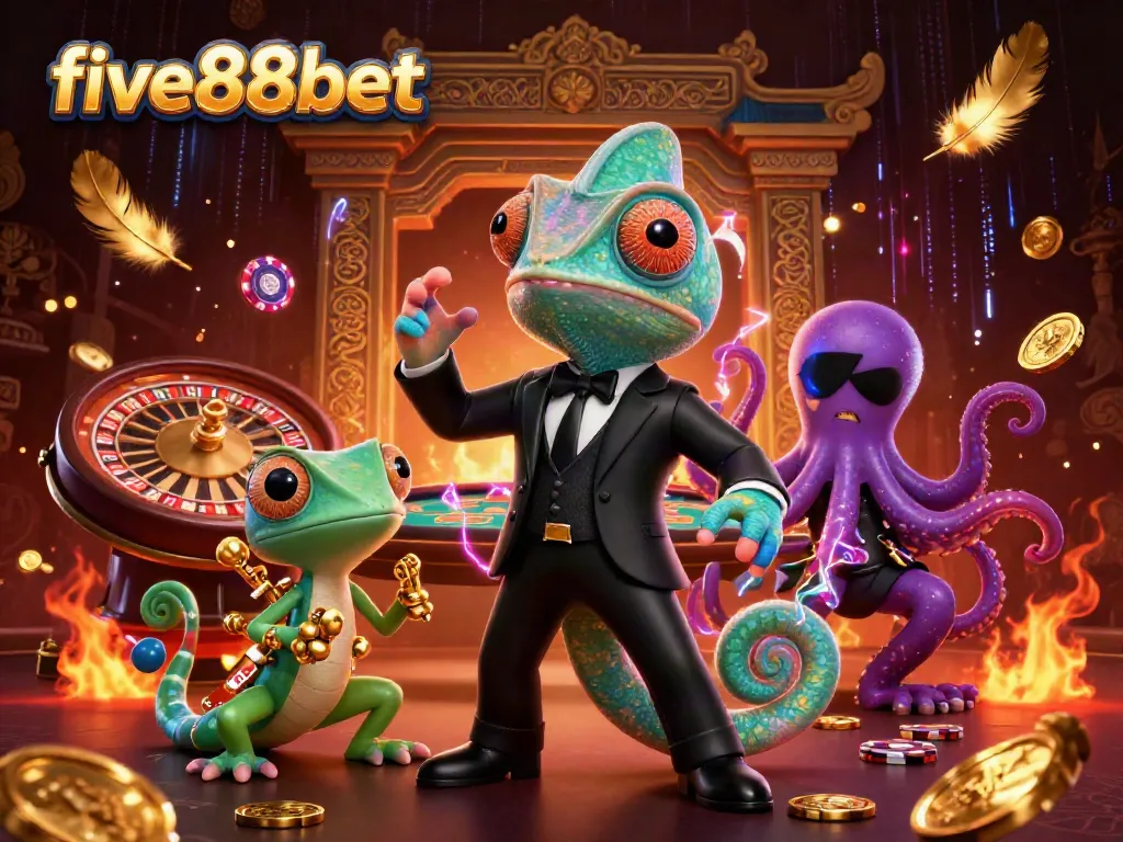 Engage with five88bet's vibrant casino illustration showcasing exciting gaming elements.