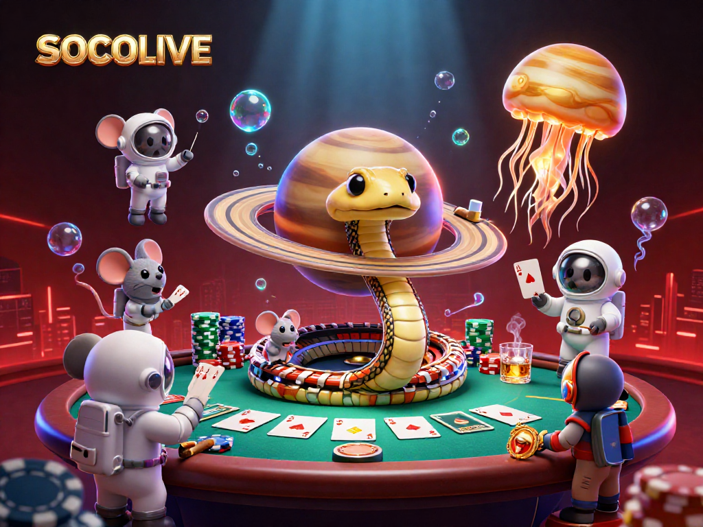 SOCOLIVE engages gamblers with a lively scene of astronaut mice placing bets on a roulette-like Saturn ring, enhancing the cosmic casino experience.