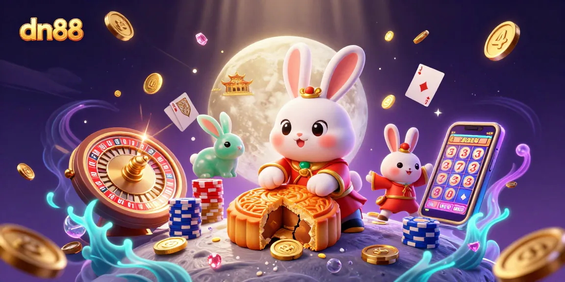 Experience excitement at dn88 with a magical scene featuring a moon rabbit, golden coins, and poker chips.