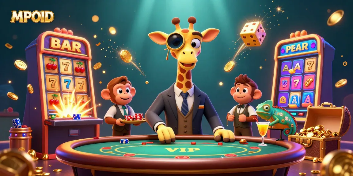 MPOID showcases a vibrant casino scene with a high-roller giraffe, monkey valet, and chameleon bartender.