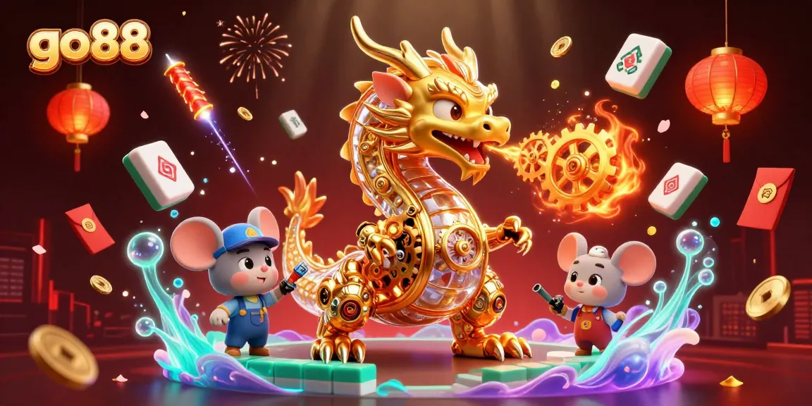 Engage with go88 as a golden dragon breathes gears in a vibrant casino scene.