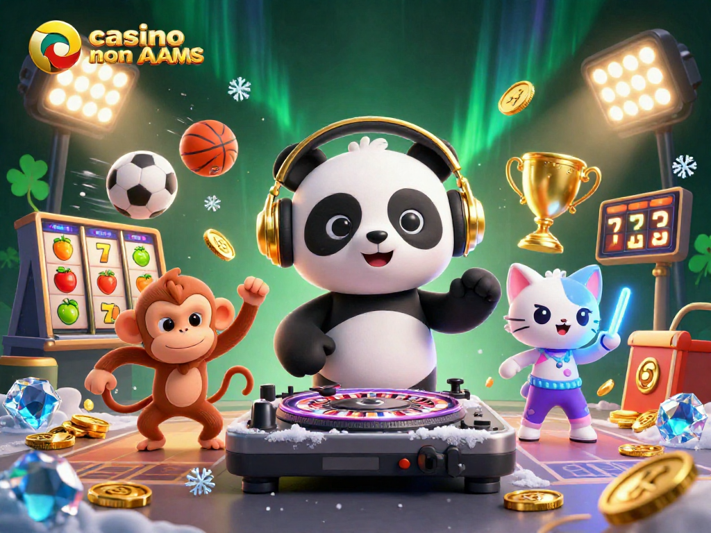 Immagine del casinò online non AAMS con panda DJ e animali per un'energia vibrante e coinvolgente.