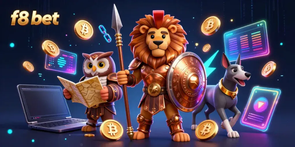 Join the f8 bet adventure with a Spartan lion, owl strategist, and swift greyhound amid crypto gaming elements.