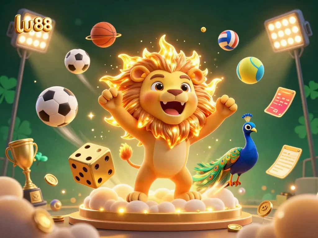 Experience thrilling gameplay with lu88, featuring a 3D sun lion, golden dice, and vibrant casino elements.