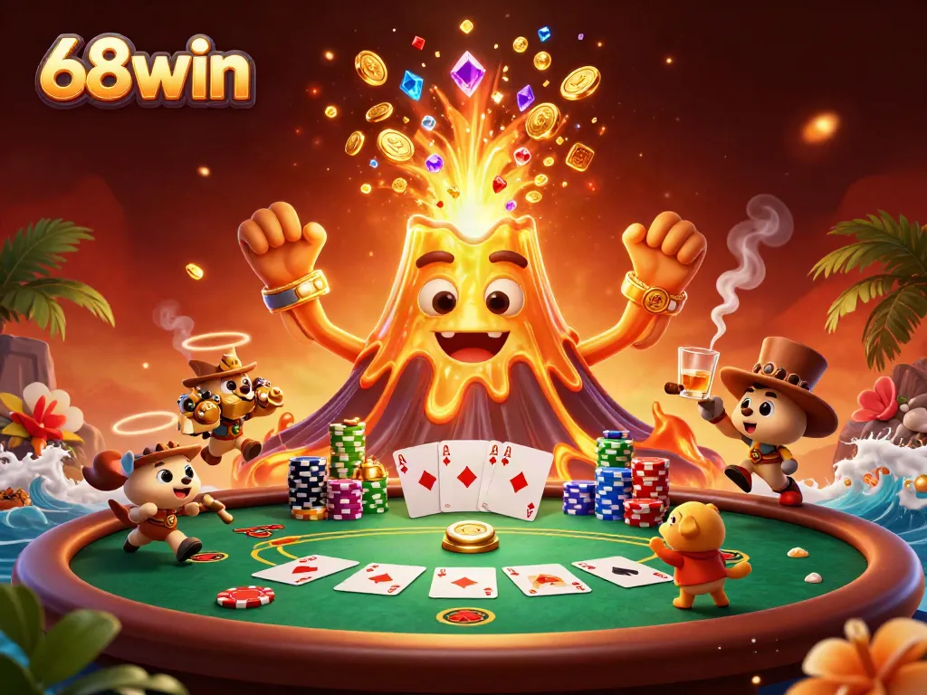 68win brings excitement with a volcano erupting coins and treasure in a vibrant casino scene.