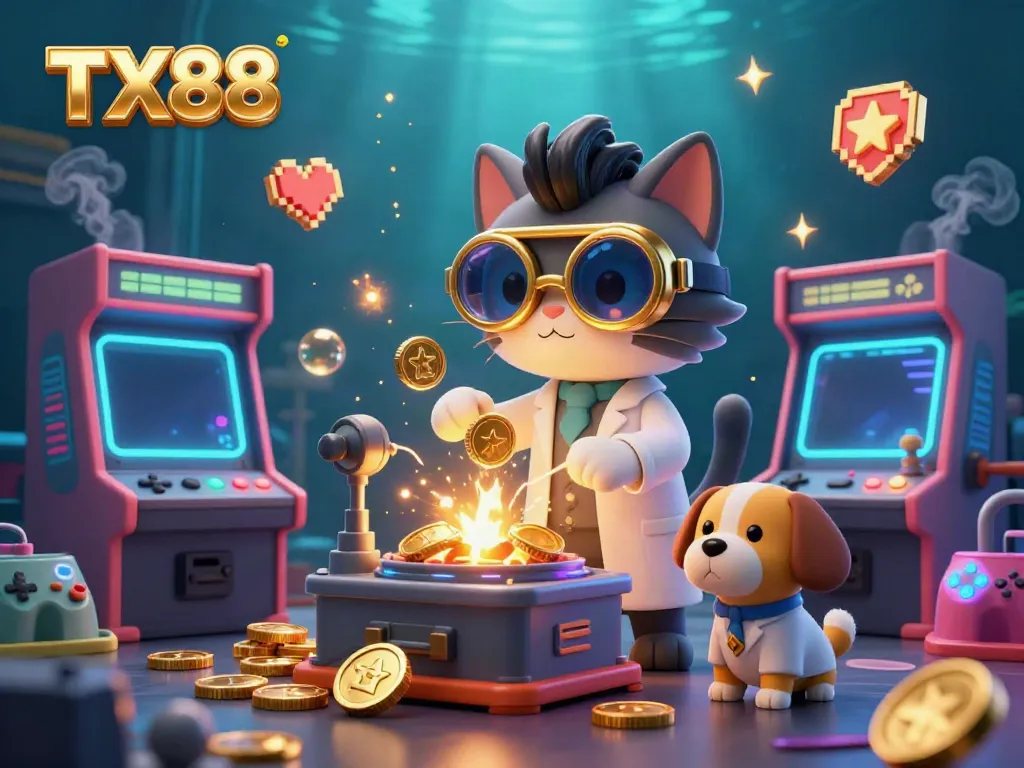 Experience the excitement of TX88 in a vibrant lab setting with a mad scientist cat and assistant generating gold-coins.