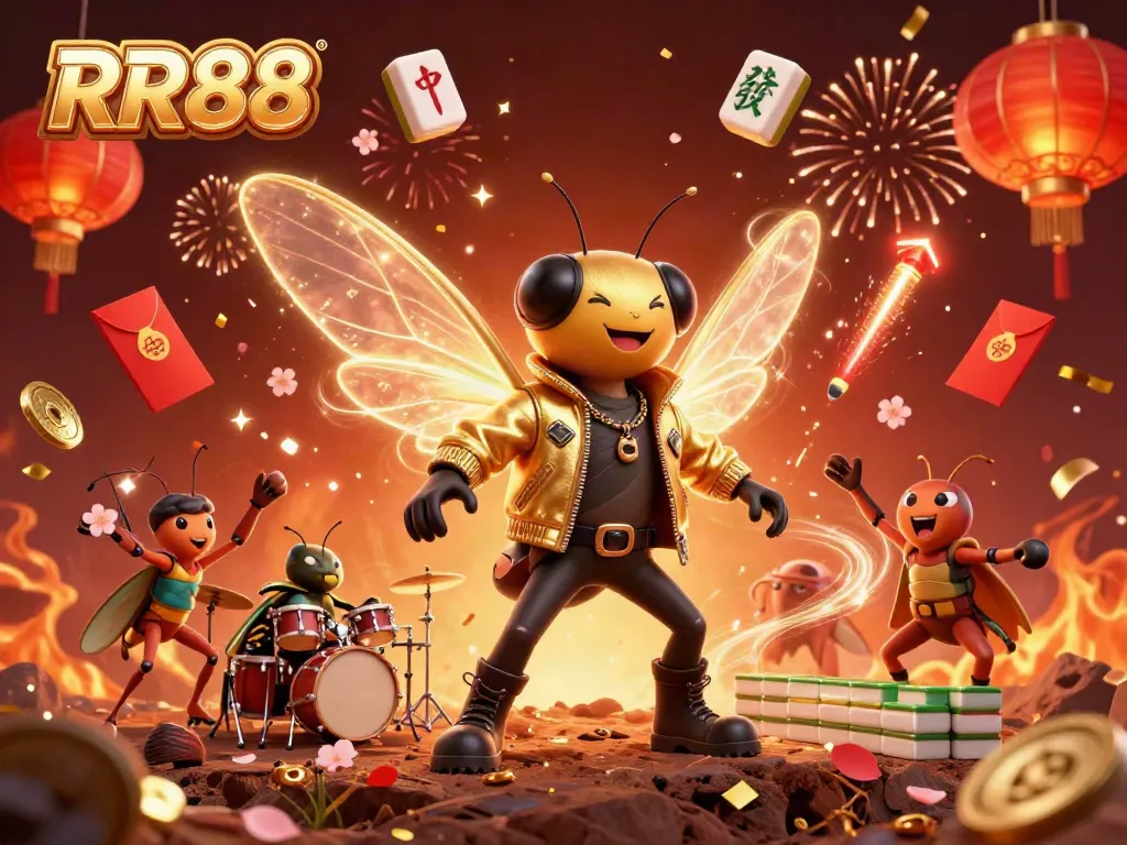 Experience the excitement of RR88 with vibrant scenes of a rock star cicada surrounded by casino-themed elements.